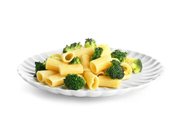 Plate of tasty pasta with broccoli on white background