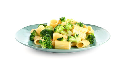 Plate of tasty pasta with broccoli on white background