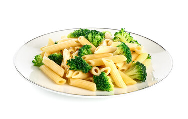 Plate of tasty pasta with broccoli on white background