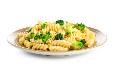 Plate of tasty pasta with broccoli on white background