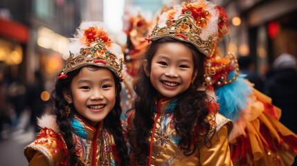 Fototapeta premium Young Chinese girls smiling during the celebration of the Chinese New Year and Eastern Chinese culture