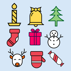 New year set, icon vector on gray background. Set of New Year colored icons. Christmas tree, hat, mitten, sock, snowflake, gift, Christmas ball, lollipop, sparkles