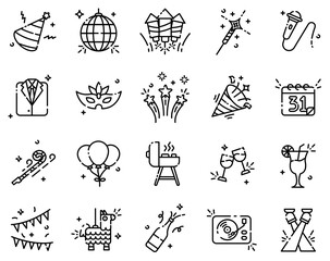 Happy New Year Line Icons Collection. Party line icon set. Included icons as party hat, disco ball, fireworks, sparkle, music, cheers, champagne, and more. vector illustration - obrazy, fototapety, plakaty