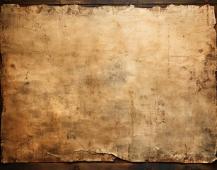 Naklejka premium Grunge piece of old, crumpled paper sitting on top of a wooden table. The paper is brown and has a rough texture. Generative AI.