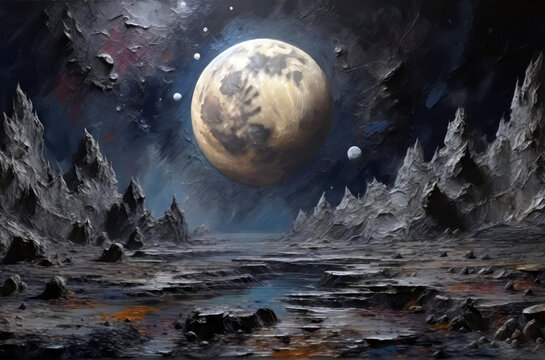 Abstract oil painting of space. Moon over the earth. Thick oil painting brush strokes. Landscape of space, sci-fi art. Can be used as background, artwork.