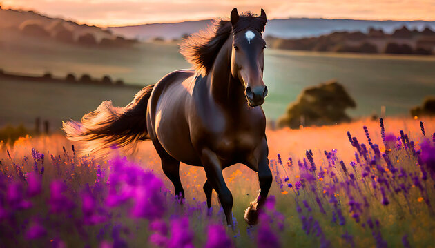 Caballo casta&ntilde;o galopando en campo de flores