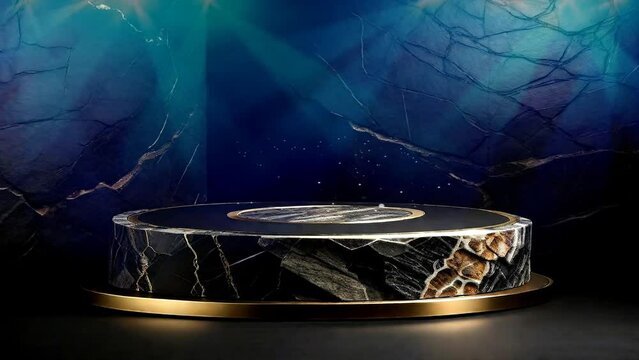 Luxury stone podium for displaying product packaging advertising or presentations on black background. Mock-up animated background for cosmetic product exhibition, copy space.