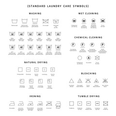 Icon set of laundry standard symbols. Cleaning machine, Clothes care icons. Laundry label collection with care symbols and washing instructions. Bleaching, Drying, Ironing. Vector mock up template.   - obrazy, fototapety, plakaty