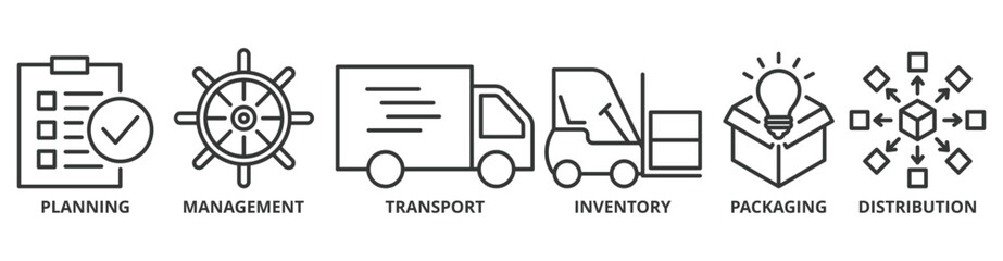 Logistics banner web icon vector illustration concept with icon of planning, management, transport, inventory, packaging, and distribution - obrazy, fototapety, plakaty