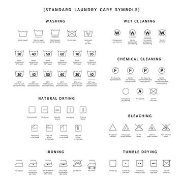 Icon set of laundry standard symbols. Cleaning machine, Clothes care icons. Laundry label collection with care symbols and washing instructions. Bleaching, Drying, Ironing. Vector mock up template.  