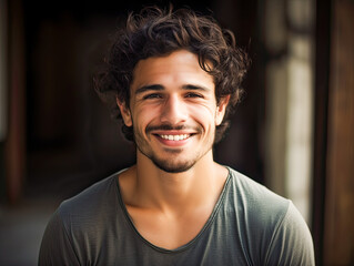 Fototapeta premium Joyful Hispanic man, radiant smile, dark backdrop.