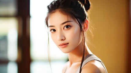 Close-up portrait of illuminated Asian beauty with disciplined, healthy lifestyle and tied hair.
