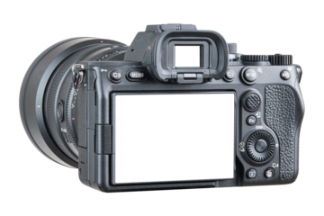 Photo camera. Digital or Dslr camera. Photographer or videographer studio equipment for recording film project. Professional blogger, television camera. Camera, display, lens. Isolated background