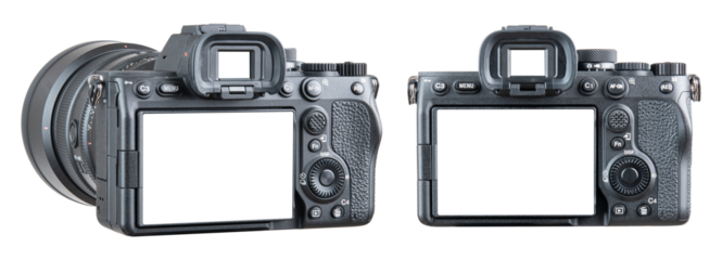 Photo camera. Digital or Dslr camera. Photographer or videographer studio equipment for recording film project. Professional blogger, television camera. Camera, display, lens. Isolated background