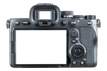 Photo camera. Digital or Dslr camera. Photographer or videographer studio equipment for recording video film project. Professional blogger, television camera. Camera, display. Isolated background