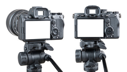 Photo camera. Digital or Dslr camera on tripod. Photographer or videographer studio for recording...