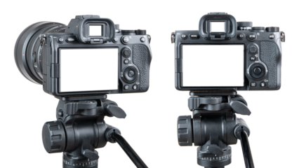 Photo camera. Digital or Dslr camera on tripod. Photographer or videographer studio for recording film project. Professional blogger, television equipment. Camera, display, lens. Isolated background