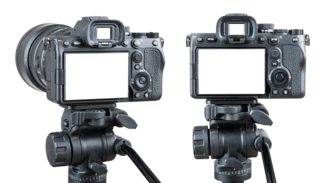 Photo camera. Digital or Dslr camera on tripod. Photographer or videographer studio for recording film project. Professional blogger, television equipment. Camera, display, lens. Isolated background