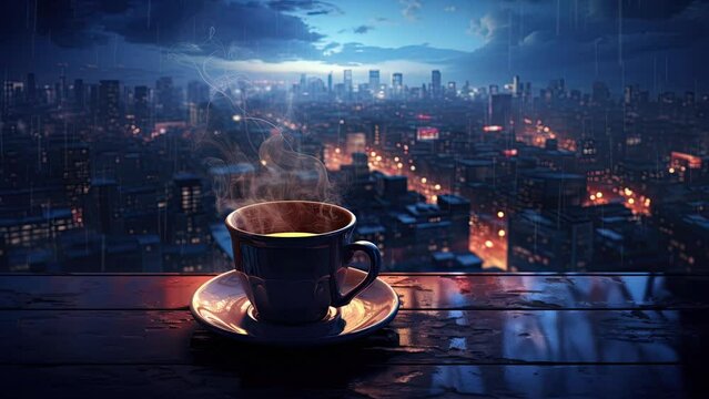 Blurred Horizons: A Cup of Warmth Amid Rooftop Rain and City Glow. High-Quality 4K Animated Backgrounds. Seamless Loop Video.