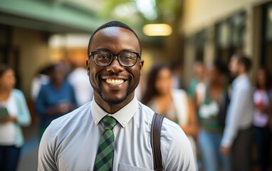 Obraz premium Cheerful confident handsome african american young teacher smiling looking at camera