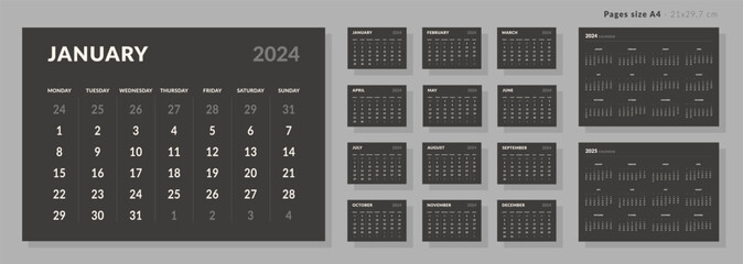 Set of Monthly page Calendar Planner Template on 2024. Isolated Vector layout horizontal of a wall or desk calendar with week start Monday. Pages for size A4 or 21x29.7 cm in dark color. - obrazy, fototapety, plakaty