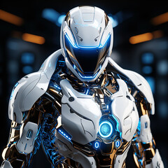 Fototapeta premium Futuristic White and Chrome Robot with Blue Energy Core and Illuminated Visor