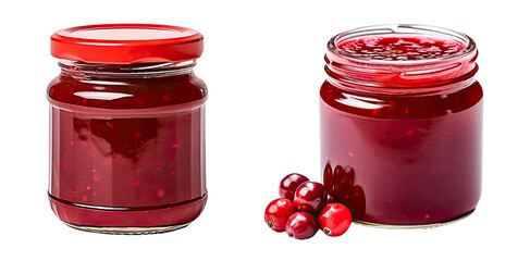 set of cranberry jam jars - obrazy, fototapety, plakaty