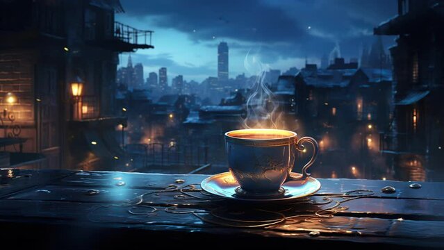 Steamy Moments: Coffee, Rain, and City Lights on the Rooftop. High-Quality 4K Animated Backgrounds. Seamless Loop Video.