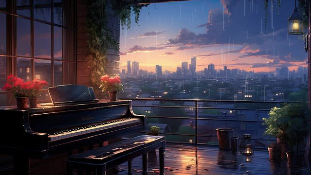 Serenade in the Rain: Rooftop Piano Weaves the City's Nocturnal Symphony. High-Quality 4K Animated Backgrounds.