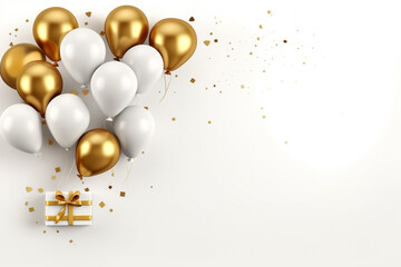 balloons with ribbon and gift box on white background with copy space