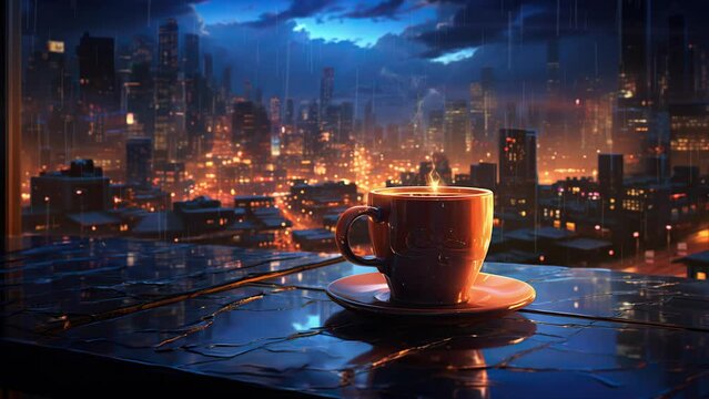 A Cup Of Coffee and Raindrops Above the City. High-Quality 4K Animated Backgrounds. Seamless Loop Video.