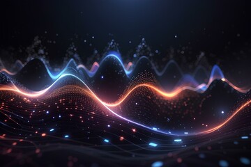 background Dynamic particles sound wave flowing over dark, created by ai generated