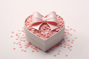 gift box with ribbon, bow and small hearts, copy space background 