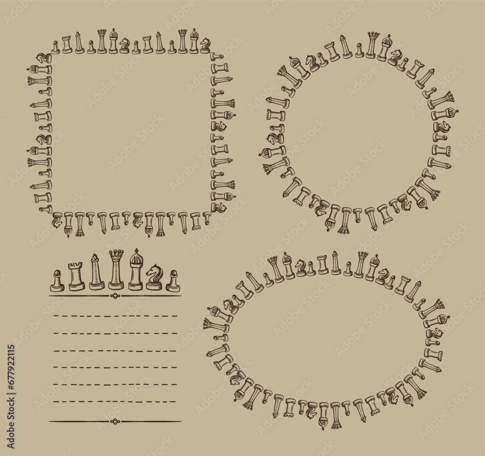 Wall mural chess frames set with chess figures and place for text, chess card templates