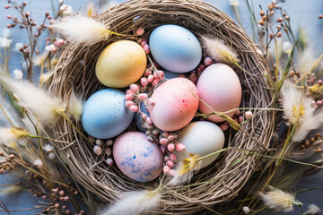 Obraz premium Colorful Easter eggs in a nest decorated with spring flowers. Celebrating Easter outdoors.