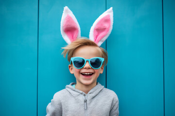 Funny happy child wearing bunny headband and sunglasses on solid blue background.