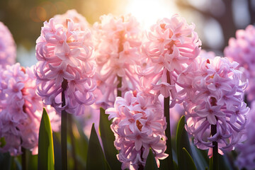 Beautiful purple hyacinth flowers blossoming in a garden on sunny spring day. Beauty in nature.