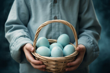 Child holding a basket of pastel colored Easter eggs on sunny spring day. Celebrating Easter...