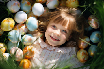 Fototapeta na wymiar Top down view of cute child playing Easter egg hunt on sunny spring day. Kid collecting chocolate eggs in a garden. Easter traditions.