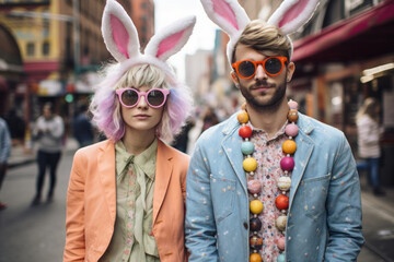 Funny hipster couple wearing Easter bunny ears and sunglasses walking in the city. Man and woman in...