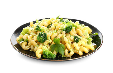 Plate of tasty pasta with broccoli on white background