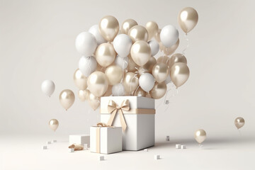 Fototapeta na wymiar golden white balloons with ribbon, bow and gift boxes on white background with copy space