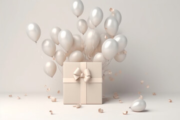  golden white balloons with ribbon, bow and gift boxes on white background with copy space