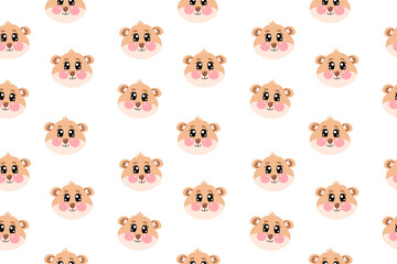 Seamless pattern with cartoon kawaii cute hamster face for children isolated on white background