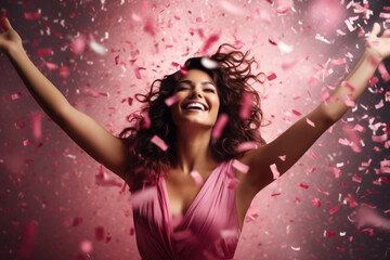 Happy young woman wearing pink dress dancing under falling pink confetti. Breast cancer awareness.