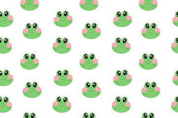Seamless pattern with cute kawaii green face of frogs for nursery, print or textile for kids