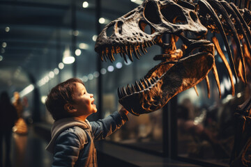 Child looking at the skeleton of an ancient dinosaur in the museum of paleontology. Little boy watching at dinosaur bones. - obrazy, fototapety, plakaty