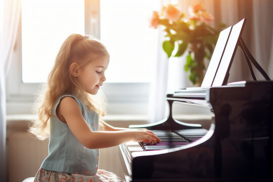 Cute little girl learning to play piano in living room. Child having fun with music instrument. Art education for kids.