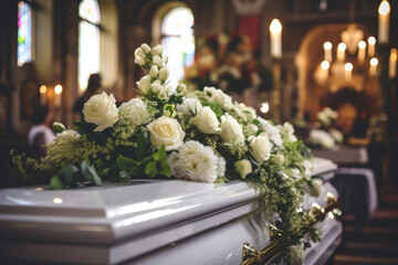 Coffin decorated with white flowers during funeral ceremony in church.