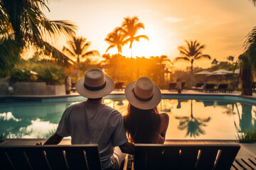 Back view of a young couple enjoying the time by the pool in tropical scenery at sunset. Summer vacation in tropical landscape. Travelling exotic places. - obrazy, fototapety, plakaty